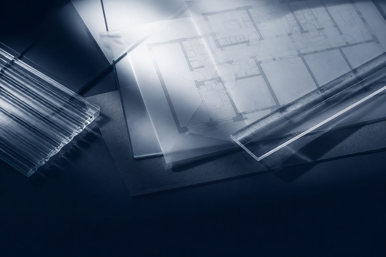 Clear architectural glass and translucent floor plans illuminated by precise light